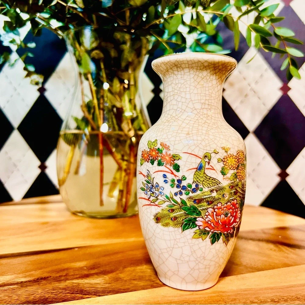 Vintage‎ Japanese Crackle-Glaze Peacock Vase